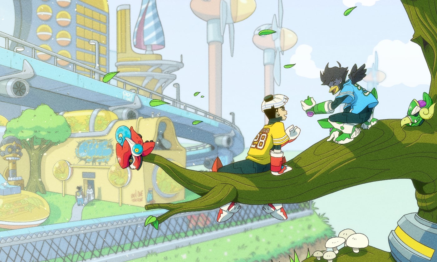Concept art / mecha kids and a city-ship